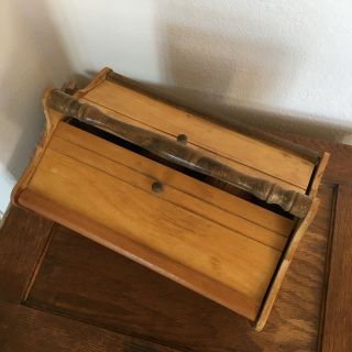 Vintage Wooden Sewing Box With 2 Flip Up Lids & Handle