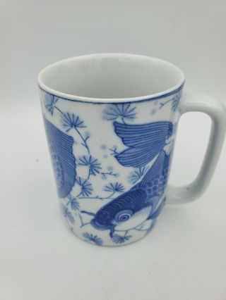 2 Chinese Porcelain Blue & White Koi Fish Mug Blue & White 3 5/8  T