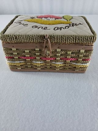 Vtg Woven Wicker Sewing Basket Box Small Satin Lined Storage gift for sewing 3