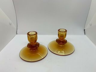 Vtg Mid - Century Modern Amber Pressed Glass Candlestick Holders.  Set Of Two.