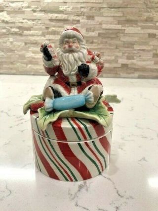 Vintage Fitz And Floyd Peppermint Stripe Santa Candy Christmas Lidded Box 2007