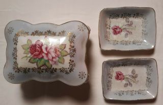 Vintage Royal Halsey Very Fine Porcelain Trinket Box With 2 Trays Pink Roses