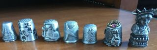 7 Pewter Thimbles Statue Of Liberty Cinderella W/ Shoes