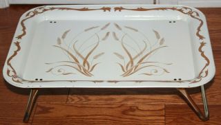 Metal Vintage Mid Century Lap Snack Tray With Legs Wheat Design