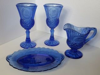 Vintage Fostoria Avon George Martha Washington Blue Goblets,  Plate,  Pitcher