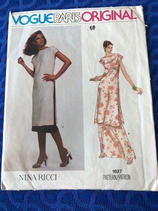 1980’s Vogue Paris Pattern Nina Ricci 1627 Misses Long Tunic Dress Size 10 Uncut