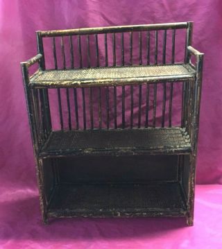 Antique Vintage Bamboo & Wicker Wall Hanging Or Table Top Vanity 3 Tier Shelf