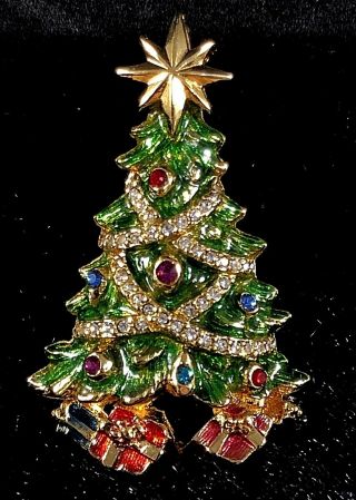 Christopher Radko Christmas Tree Pin Brooch Pendant Rhinestone Jewels Enamel 2 "