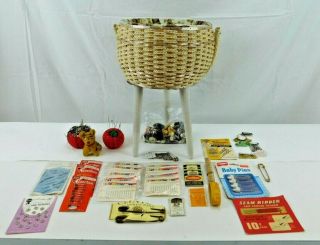 Vintage Dritz Brand Sewing Box Basket With Handle & Legs Includes Accessories