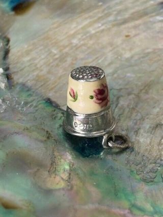 Sterling Silver And Enamel Thimble Charm With Hand Painted Rose Design - Lovely