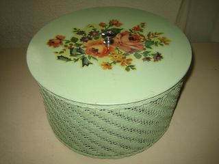 Vtg Harvey Jadeite Wicker Round Hat Box Style Sewing Basket Floral Decals Spools
