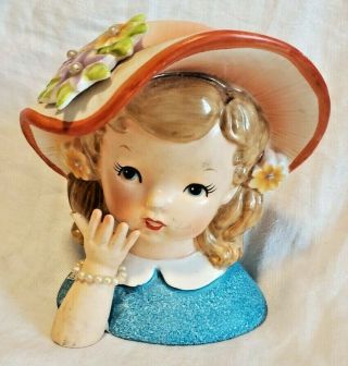 Rare Vintage Porcelain Little Lady Head Vase/planter Faux Pearl Bracelet 5 1/2 " T