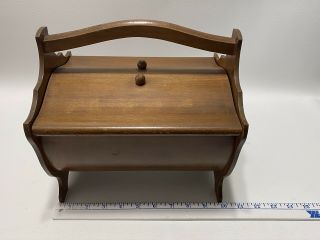 Vintage Round Bottom Wooden Sewing Box With 2 Flip Up Lids.