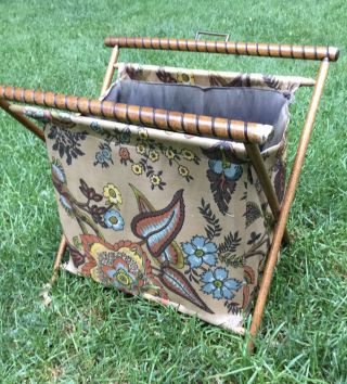 Vtg Sewing/knitting Portable Folding Basket - Wood And Fabric