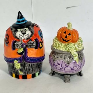 Fitz And Floyd Halloween Kitty Witches Pumpkin Cauldron Salt & Pepper Shakers