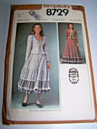 1978 Simplicity 8729 Gunne Sax Designer Dress Sewing Pattern Sz 12
