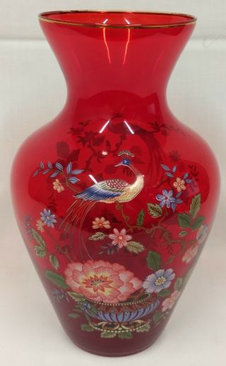 Italy Label Peacock At Urn Ruby Red Elegant Art Glass Floral Decorated 10 " Vase