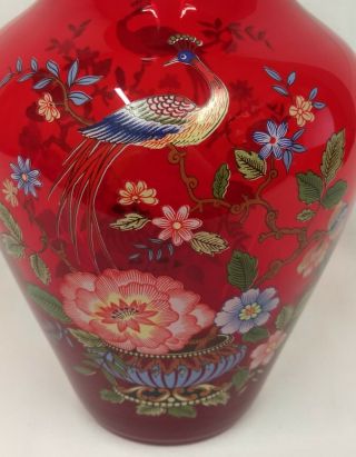 Italy Label PEACOCK AT URN Ruby Red Elegant Art Glass Floral Decorated 10 