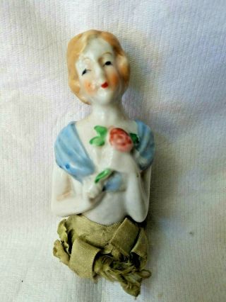Vintage Porcelain Half Doll W/ Silk Fabric Shreds Pin Cushion