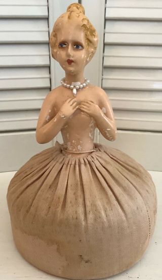 Vintage Bisque Half Doll Pin Cushion,  French Decor,  Faux Pearl Necklace