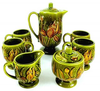 Vintage Ceramic Glazed Tea Pot Set Green & Brown Flowers Made In Japan