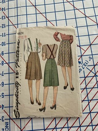 1940s Simplicity Sewing Pattern 4824 Misses Women’s Pleated Skirt W 28