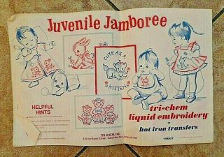 Vtg Juvenile Jamboree Tri - Chem Liquid Embroidery Hot Iron Transfers 1969