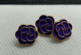 3 Cc Chanel Camellia Flower Buttons,  Purple And Gold,  12 Mm,  Tiny Cute Buttons