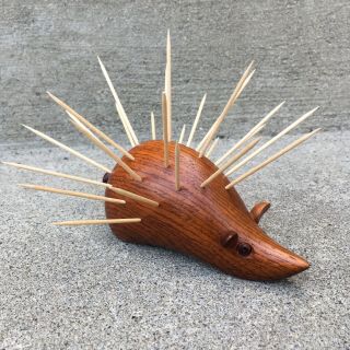 Vintage Wood Hedgehog Toothpick Holder Or Home Decor Figurine Modernist Wooden