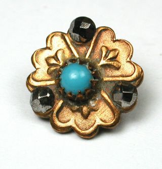 Antique Brass Button Cute Flower With Cut Steel Accents & Turquoise Center 3/8 "