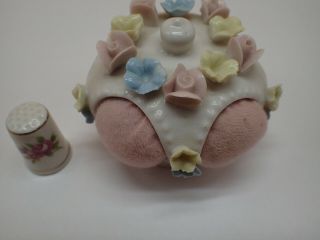 Vintage Porcelain Pin Cushion Circle Of Flowers Crown Applied Roses W/ Thimble