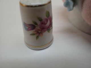 Vintage Porcelain Pin Cushion Circle of Flowers Crown Applied Roses w/ Thimble 2