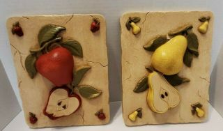 Vtg Home Interior Set Of 2 Homco Fruit Apple Pear Plaques Wall Decor 9.  5 "