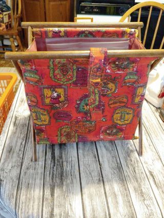 Vintage Folding Sewing Basket Tote Fabric Wood Frame Knitting Bag Red Colonial