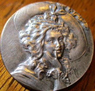 Old Antique French Button " Art Nouveau Girl " 1 " Wide Vintage Silver Plated Metal