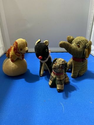 4 Vintage Figural Dog Elephant Cat Pin Cushion And Tape Measure Made In Japan