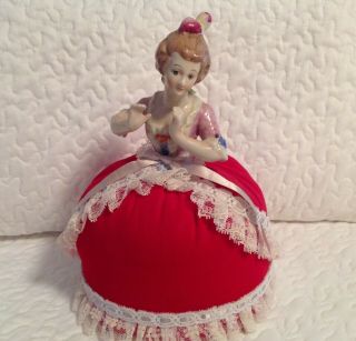 Vtg Porcelain Victorian Half Doll Arms Away In Red Velvet Dress Pincushion