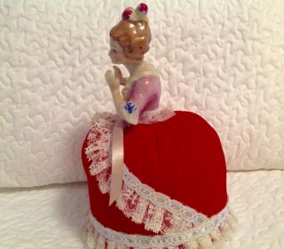 Vtg Porcelain Victorian Half Doll Arms Away in Red Velvet Dress Pincushion 3