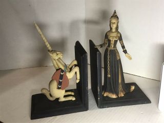 Unicorn And Princess Bookends 9” Tall Made Of Wood Bases And Resin Figures
