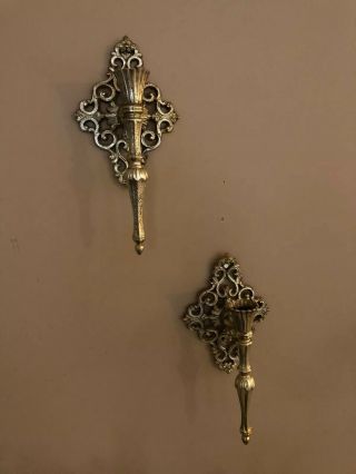 2 Vintage Rococo Metal Gold Tone Wall Candle Holders Sconces