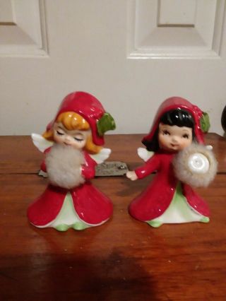 Vtg Lefton Christmas Angel Girl Figurines With Hand Muff Warmer Red Coat Pair