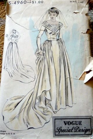 Lovely Vtg 1940s Wedding Dress Vogue Special Design Sewing Pattern 16/34