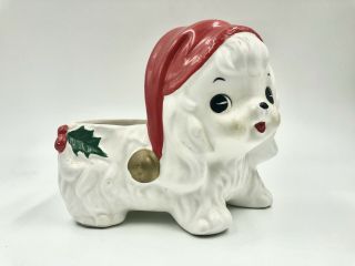 Vintage Napco Christmas Puppy W/ Santa Hat & Holly Planter