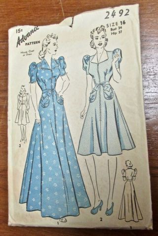 Vintage 1940s Advance Pattern 2492 House Coat Or Dress Size 16 Bust 34 15 Cent