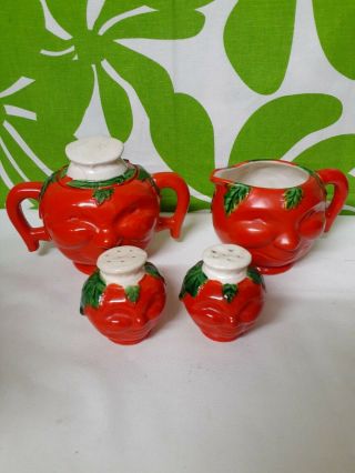 Vintage Anthropomorphic Japan Tomatoe Heads Creamer & Sugar Bowl S & P Euc
