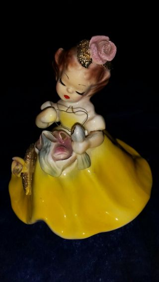 Josef Originals Girl In Yellow Dress With Bird Ceramic Figurine