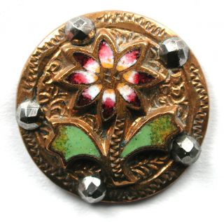 Antique Stamped Brass Button W Champleve Enamel Flower & Steels Border 5/8 "