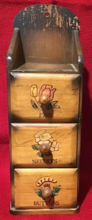 Vintage Small Wooden Hand Painted Notions Sewing/quilting Box With 3 Drawers