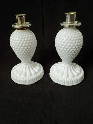 Vintage Milk Glass Hobnail Taper Candle Votive Cup Holders (set Of 2)