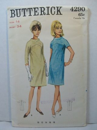 Butterick Sewing Pattern 4290 Misses Straight Dress Size 14 Vintage Cut 1960 